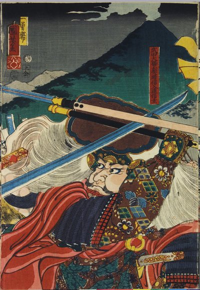 Sheet from a colour woodblock print triptych, entitled Kawanakajima kassen (The Battle of Kawanakajima), depicting a close-up of the personal encounter of the two leaders, Uesugi Kenshin (left) and Takeda Shingen: Japan, Edo, by Utagawa Kuniyoshi 作者 歌川国义