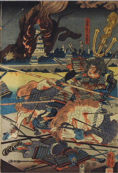 彩色木版印刷三联画，题为 Shinshū Odai kassen no zu（信浓道的大台之战），描绘了大台 Akarokurō Yorisada 在他的城堡在背景中燃烧时用矛刺三人：日本，江户，Utagawa Kuniyoshi 作者 歌川国义