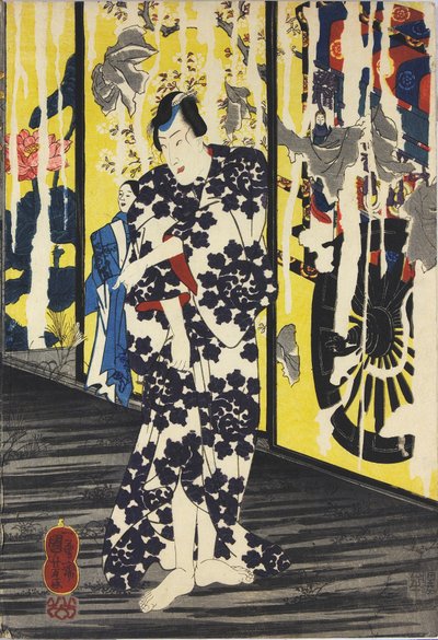 一幅彩色木版三联版画，题为“今生照宇寺 furudera no kozu（古寺旧画中的最新照寺）”，描绘了月光下破庙中的场景，隔扇被撕裂剥落，辉映 宇治递毛巾 作者 歌川国义