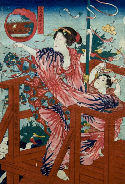 七月七夕 (Fumizuki no tanabata) 十二个月有孩子的无题系列，c.1836 作者 歌川国义