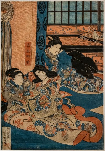 源义经的女主人常盘御前在歌舞伎场景中（纸上木刻）。 作者 歌川国义