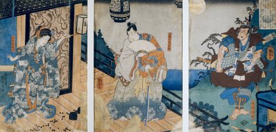三联画与八幡太郎吉江的《考辛斯/渡海历险记》，宇田川国吉作 作者 歌川国义