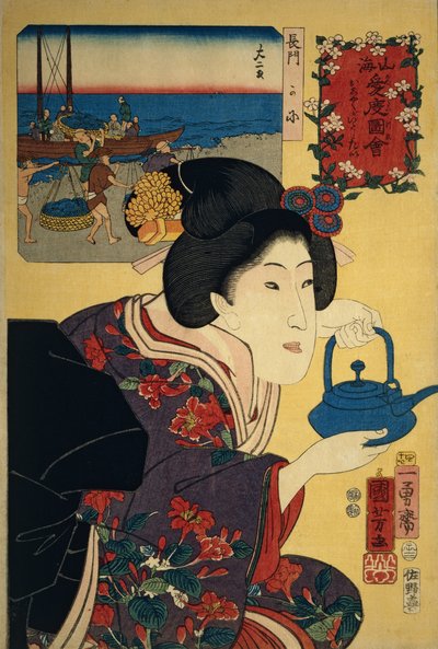 拿着酒壶的女服务员，背景是图像中描述的长门海滩 作者 歌川国义