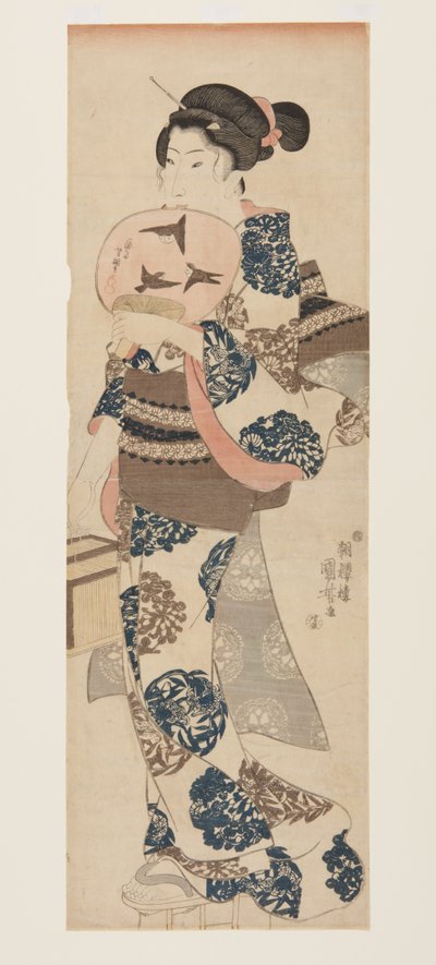带扇子和昆虫笼的女人（彩色木版画 作者 歌川国义