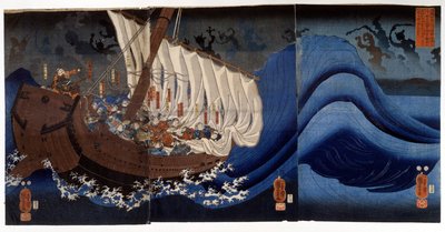 被杀死的敌人的幽灵攻击的源义经。宇田川国吉的画作，19世纪初。 作者 歌川国义
