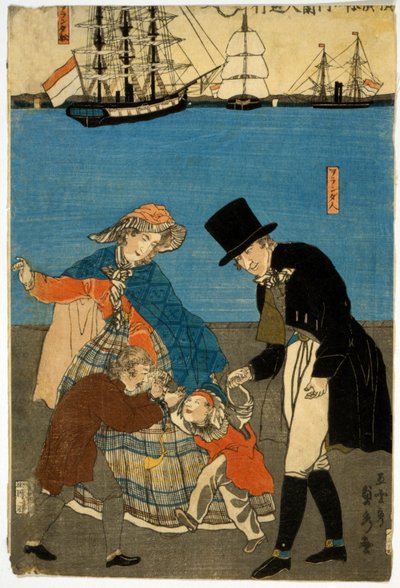 欧洲人在横滨，酒吧散步。 1871年（手工彩木） 作者 歌川贞秀