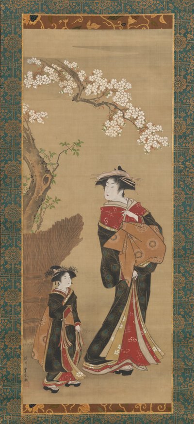 樱桃树下的歌妓和她的随从，19世纪初。 作者 歌川丰治