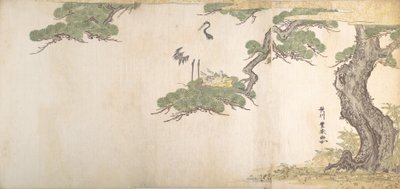 鹤和它们的孩子在松树枝头的巢中，约1790年。 作者 歌川丰治