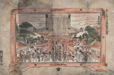 人们进入一座大寺庙。外面是交易摊位。带脚画框的绘画版画，约 1770 年。宇多川丰治（1735-1814 年），日本浮世绘画家。人群 宗教 信仰 作者 歌川丰治
