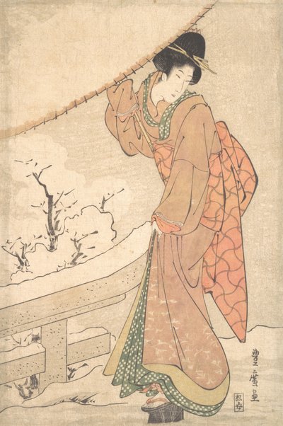 暴风雪中的年轻女子，撑着一把满是积雪的伞，约1802年。 作者 歌川丰洋