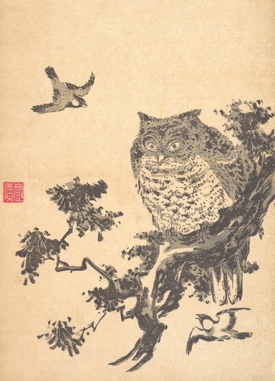 猫头鹰和两只燕子。 作者 歌川丰洋