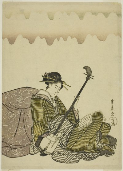 弹三味线的女子，选自无标题的 "闲暇女子 "系列 作者 歌川丰洋