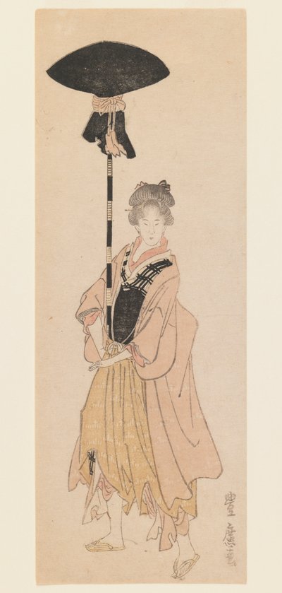《年轻女子携带装饰杆进行游行》，c.1805-6（木刻版画，窄版 koban tate-e surimono 风格印刷） 作者 歌川丰洋