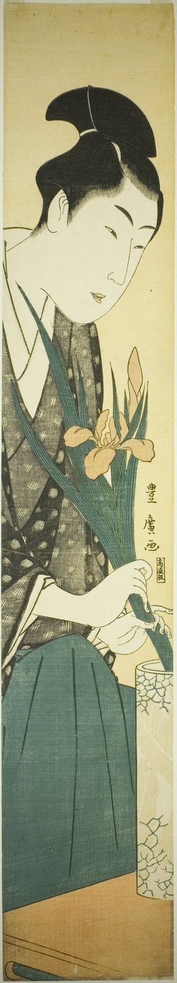 年轻人在花瓶中插鸢尾花 作者 歌川丰洋