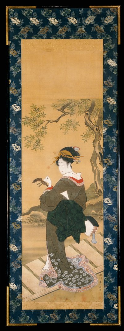 一个女人的全长肖像，她在阳台上调节三弦琴（sumi，gofun和丝绸上的颜色）； 作者 歌川丰国