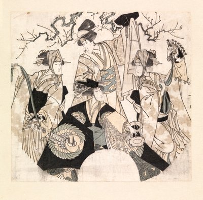演员在表演四个翁纳伽塔的舞台舞蹈，约 1800-05 年（彩色木刻） 作者 歌川丰国