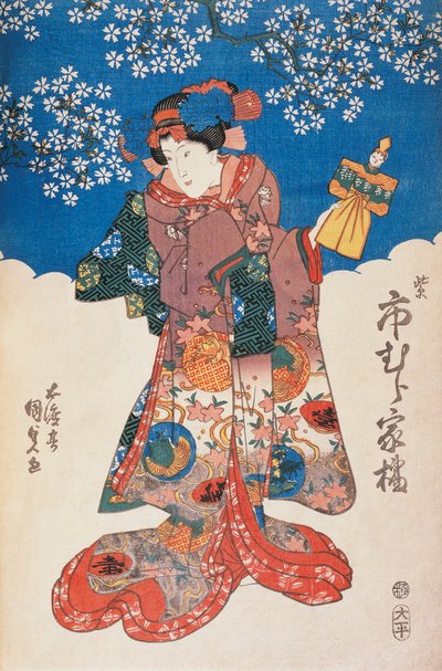穿着和服的女人和木偶，背景装饰着苹果花，由宇川丰国创作，木刻。 作者 歌川丰国