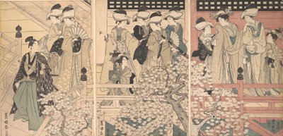 樱花丛中的美人，武士正从那里离开，约1800年。 作者 歌川丰国一世
