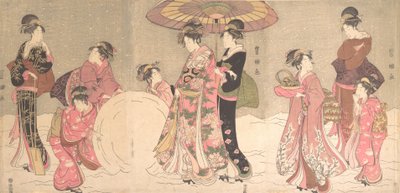 宫女和服务员在制作一个巨大的雪球，约1796年。 作者 歌川丰国一世