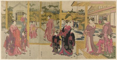 乔吉雅的歌妓和她们的随从在弹奏凯马里琴 作者 歌川丰国一世