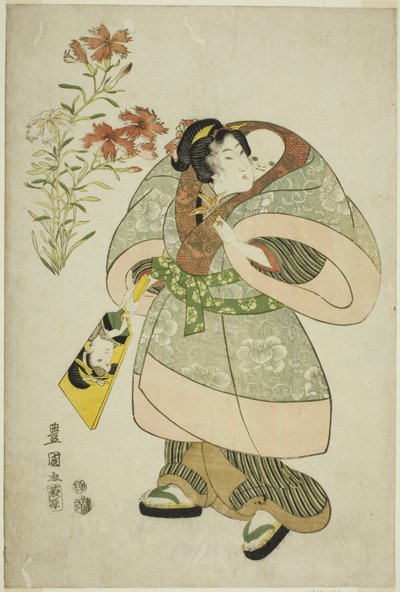 粉红色：护士和婴儿，选自无标题的《美女与鲜花》系列 作者 歌川丰国一世