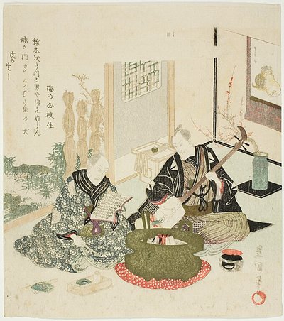冬季阅读和演奏三味线 作者 歌川丰国一世