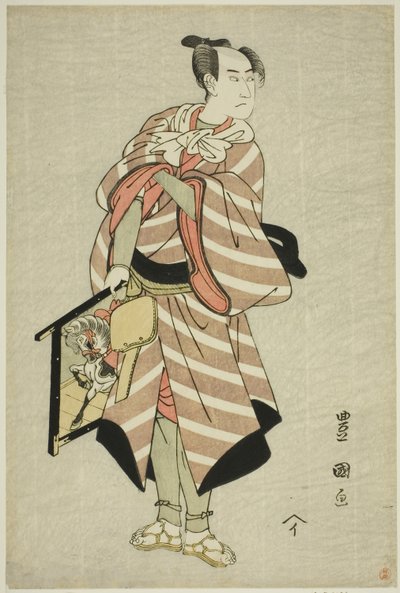 泽村宗十郎三世在 1797 年 11 月于 Kiri 剧场上演的戏剧《宫舞武藏之神垣》中饰演驮马人 Muchizo。 作者 歌川丰国一世