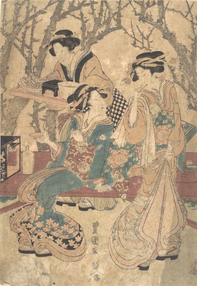 三个女人在一群树前用餐。 作者 歌川丰国一世