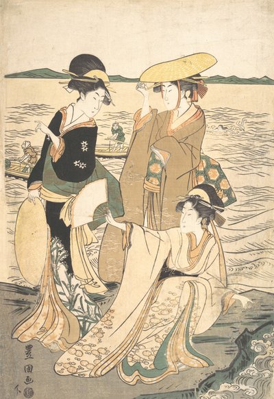海岸边的三位年轻女士。 作者 歌川丰国一世
