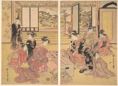 两个年轻的女人在玩苏格拉底的游戏。 作者 歌川丰国一世
