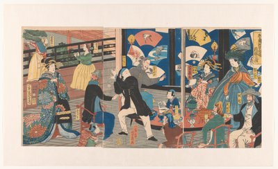 在 Gankiro 茶馆饮酒作乐的外国人
Gokakoku Gankiro ni oite sakamori no zu（物品上的标题）
来自五国的外国人在 Gankiro 茶馆饮酒作乐 作者 歌川芳育