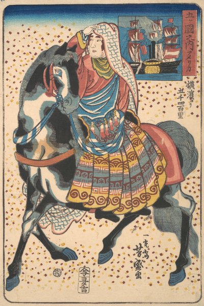 骑马的美国妇女，1860年12月。 作者 歌川义森