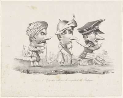Spotprent op de Rotterdamse schutterij, 1830 年
Les braves de Rotterdam allant à la conquête de la Belgique（物上标题） 作者 V·杜布勒