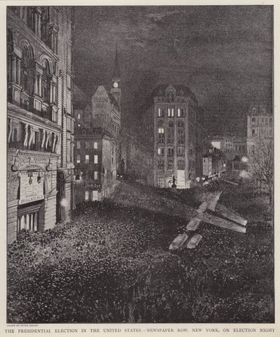 1892 年 11 月 8 日美国总统大选当晚，纽约市报纸街（石版画） 作者 V.佩拉德