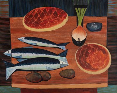 有面包和鱼的静物，2020 年（丙烯酸画布） 作者 瓦迪姆·瓦斯科夫斯基