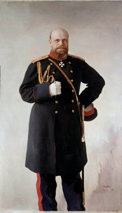亚历山大三世 (1845-1895) 脚下的肖像，俄罗斯皇帝 Valentin Serov (1865-1911) 1895 年圣彼得堡绘画。 Chateau De Peterhof - 亚历山大三世（1845-1895）的全长肖像，俄罗斯皇帝。 瓦伦丁·谢罗夫 (1865-1911) 的绘画 作者 瓦伦丁·亚历山德罗维奇·塞罗夫