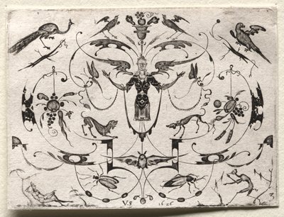 带有孔雀、鹦鹉、狗和昆虫的阿拉伯式图案，1626年。 作者 Valentin Sezenius
