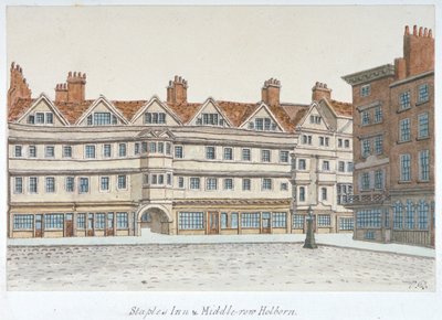 1850年，伦敦Holborn中心的Staple Inn和Middle Row的建筑景观。            作者 情人节戴维斯