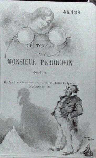 Eugene Labiche (1815-88)的《Perrichon先生的旅行》扉页，约1860-65年出版（纸上水彩）（黑白照片）。 作者 瓦列里·穆勒（Valery Muller）