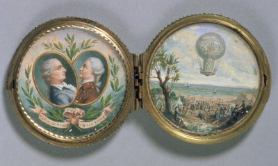JF Pilatre和Pierre Romain的肖像缩影，1784年的气球上升场景（牛皮纸上的水粉） 作者 范·布拉伦伯格（Van Blarenberghe）