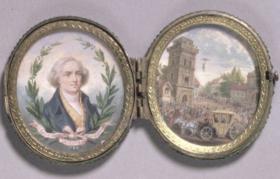 Louis-Sebastien Lenormand的肖像缩影与他的降落伞下降场景，1783年（牛皮纸上的水粉画） 作者 范·布拉伦伯格（Van Blarenberghe）