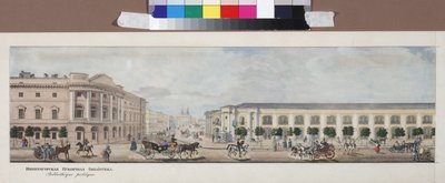 La bibliotheque publique Imperiale（涅夫斯基透视全景） - 皇家公共图书馆（来自涅夫斯基大街的全景），作者是萨多夫尼科夫，瓦西里·谢苗诺维奇（1800-1879 年）。 石版画、水彩 作者 瓦西里·塞梅诺维奇·萨多夫尼科夫
