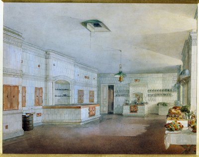 La cuisine du palais Ioussoupov (palais de la Moika) a Saint Petersbourg.(圣彼得堡尤苏波夫宫的厨房）。Oeuvre de Vasily Semyonovich Sadovnikov (1800-1879)，纸上水彩画。19 世纪俄罗斯艺术。俄罗斯国家博物馆，圣彼得堡 作者 瓦西里·塞梅诺维奇·萨多夫尼科夫
