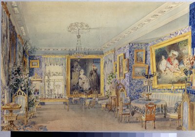 Verki 庄园的起居室》。Oeuvre de Vasily Semyonovich Sadovnikov (1800-1879), watercolourelle sur papier 作者 瓦西里·塞梅诺维奇·萨多夫尼科夫