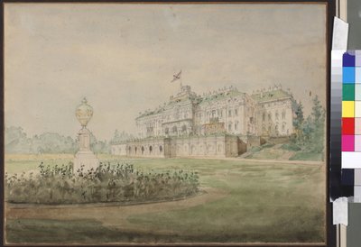 Le palais Constantin a Strelna, pres de Saint Petersbourg - 圣彼得堡附近 Strelna 的君士坦丁宫景观，作者：萨多夫尼科夫，瓦西里·谢苗诺维奇（1800-1879 年）。 纸本水彩 作者 瓦西里·塞梅诺维奇·萨多夫尼科夫