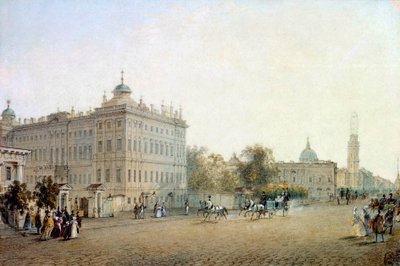 1830 年在圣彼得堡的透视涅夫斯基 (Nevsky) 的视图。俄罗斯水彩画 作者 Vasily Sadovnikov (1800-1879) 1830 年圣彼得堡。 冬宫图书馆 作者 瓦西里·塞梅诺维奇·萨多夫尼科夫