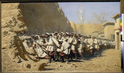 在要塞城墙上；让他们进来！(在要塞城墙上；让他们进来！）--瓦西里-瓦西里耶维奇-韦列施恰金（Vasili Vasilyevich Verechtchaguine，1842-1904 年）的画作，布面油画 ( 95x160.5 厘米) 作者 瓦西里·瓦西里耶维奇（Vasili Vasilievich Vereshchagin）