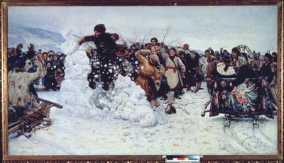 Tempete de la forteresse de neige（《雪堡风暴》）（东正教卡雷姆周期间的流行欢庆场景，maslenitsa）--瓦西里-伊万诺维奇-苏里科夫（瓦西里-苏里科夫或瓦西里-苏里科夫）（1848-1916 年）的画作，布面油画 作者 瓦西里（Vasilij Ivanovic Surikov）