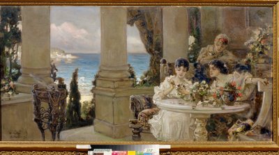 Sur la terrasse - Peinture de Vassili (Vasili, Vasilii, Wilhelm) Alexandrovich Kotarbinsky (Kotarbinski, Kotarbinskii) (1849-1921), huile sur toile - On the terrace, Oil on canvas by Vasilii Alexandrovich Kotarbinsky - 地区艺术博物馆，基洛沃格勒 作者 Vasily Alexandrovich Kotarbinsky