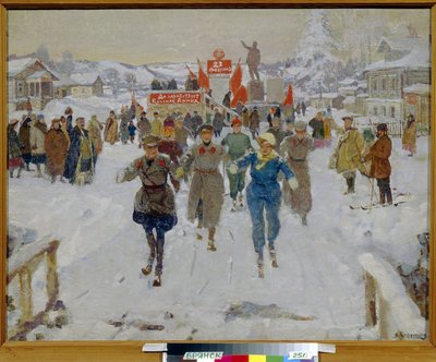 红军参观集体农庄。 穿着制服滑雪的士兵在一个木屋村庄的街道上，在年轻妇女的陪伴下，在居民的注视下聚集在装饰着红旗的讲台附近。 画的 作者 Vasily Nikolaevich Kostyanitsyn